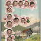 MULTI BABIES ANTIQUE POSTCARD flower faces