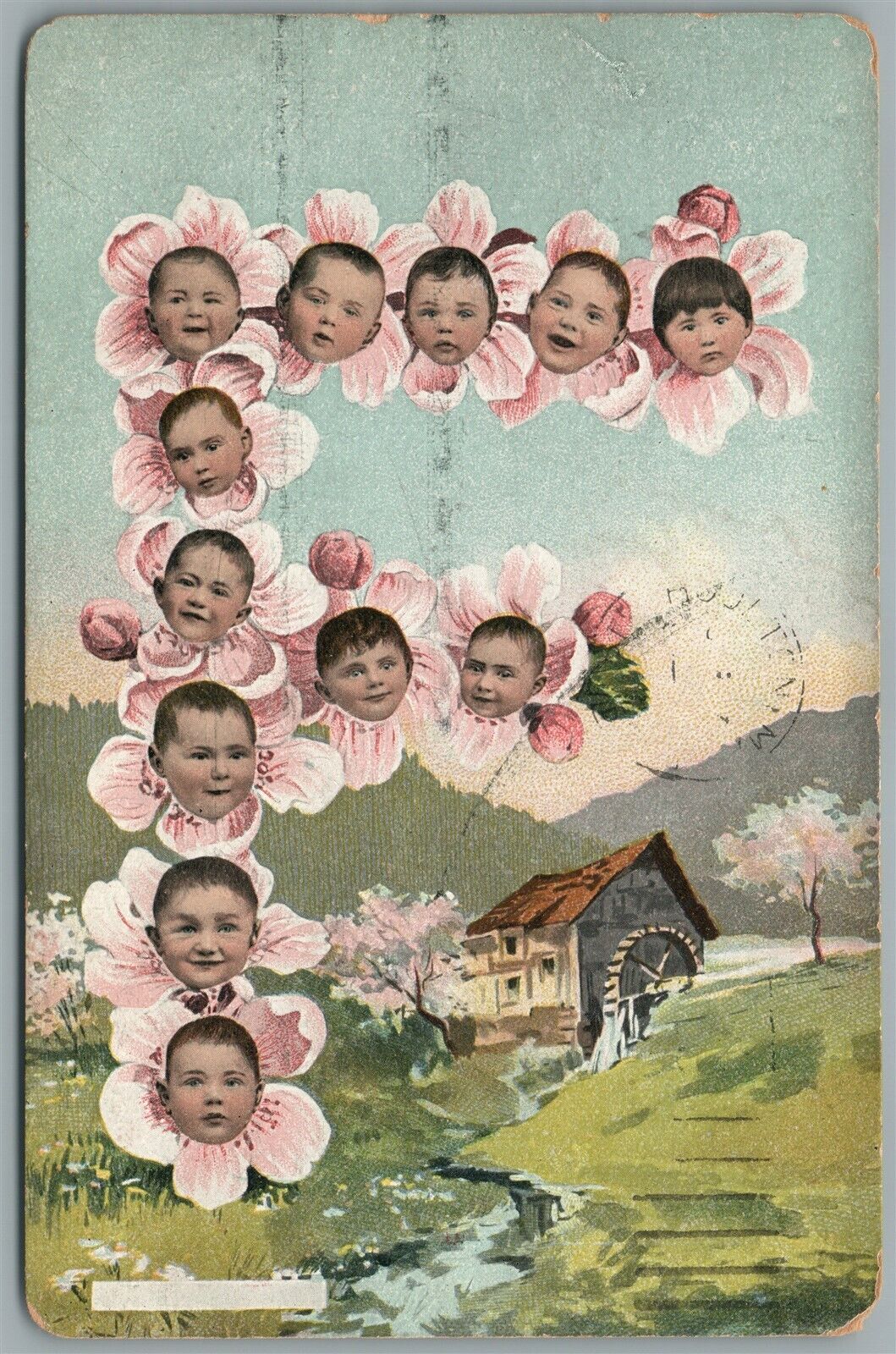 MULTI BABIES ANTIQUE POSTCARD flower faces