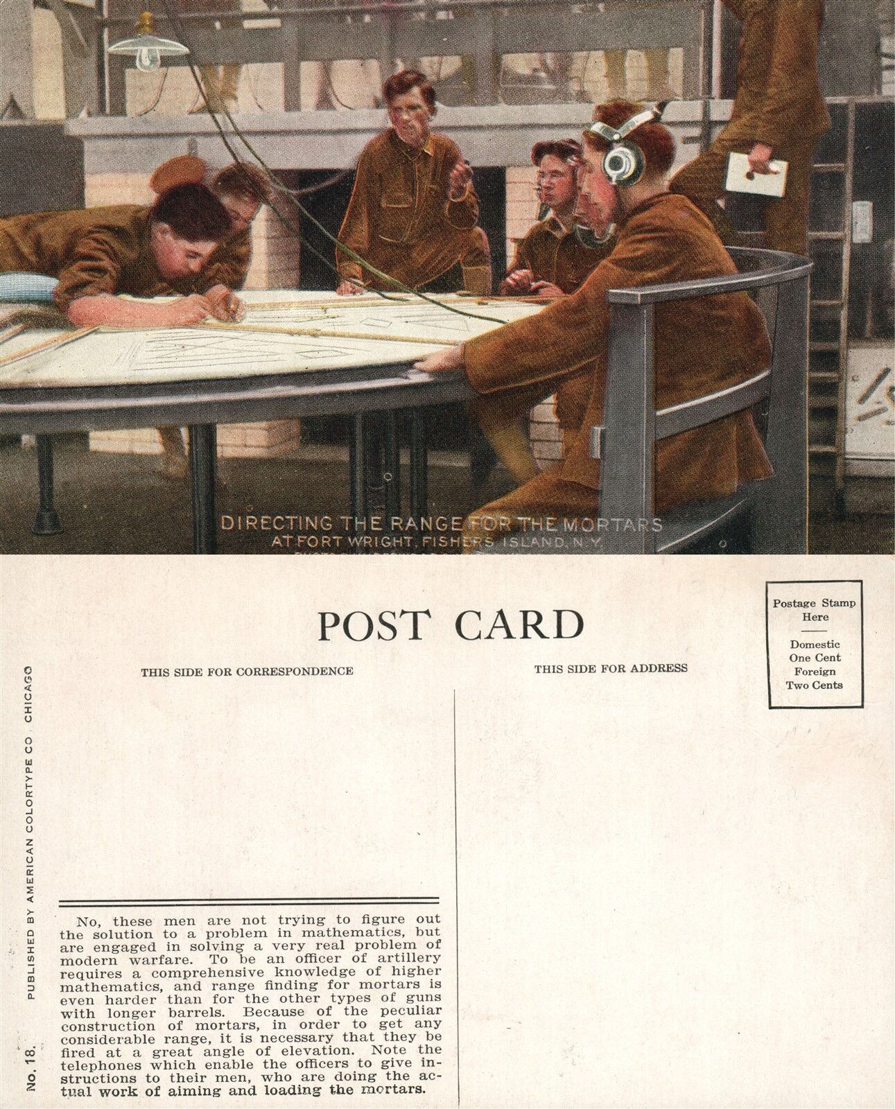 FORT WRIGHT FISHERS ISLAND N.Y. DIRECTING RANGE FOR MORTARS ANTIQUE POSTCARD