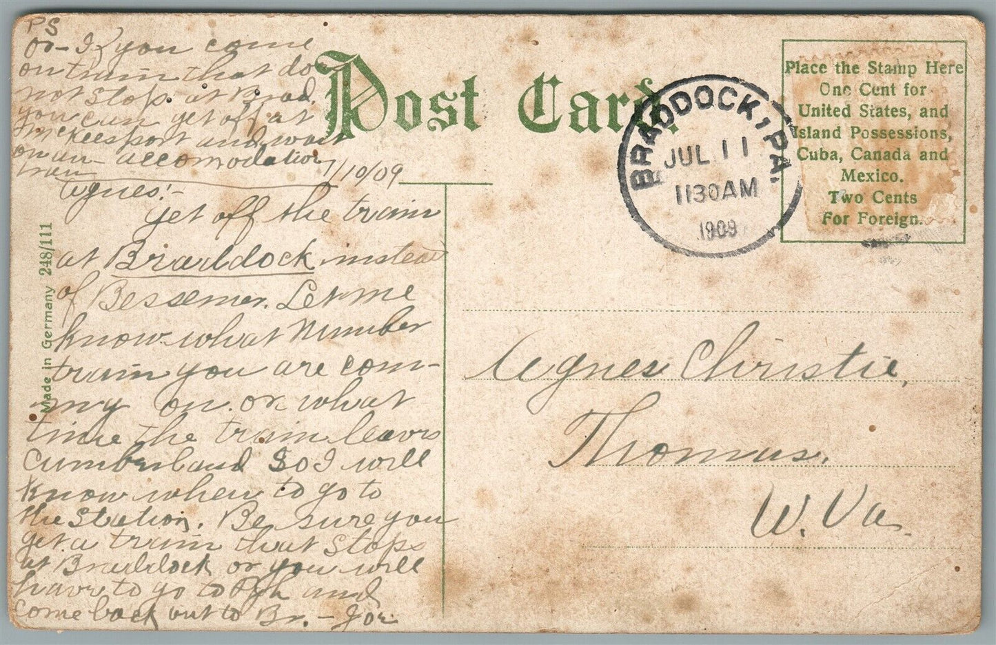 BRADDOCK PA BELLE AVE. ANTIQUE POSTCARD