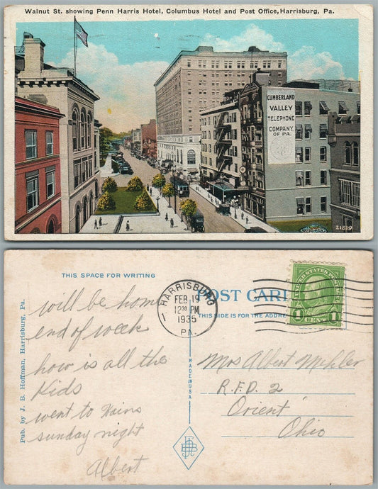 HARRISBURG PA WALNUT STREET PENN HARRIS & COLUMBUS HOTEL 1935 VINTAGE POSTCARD