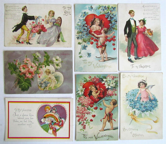 VALENTINE LOT of 7 ANTIQUE POSTCARDS