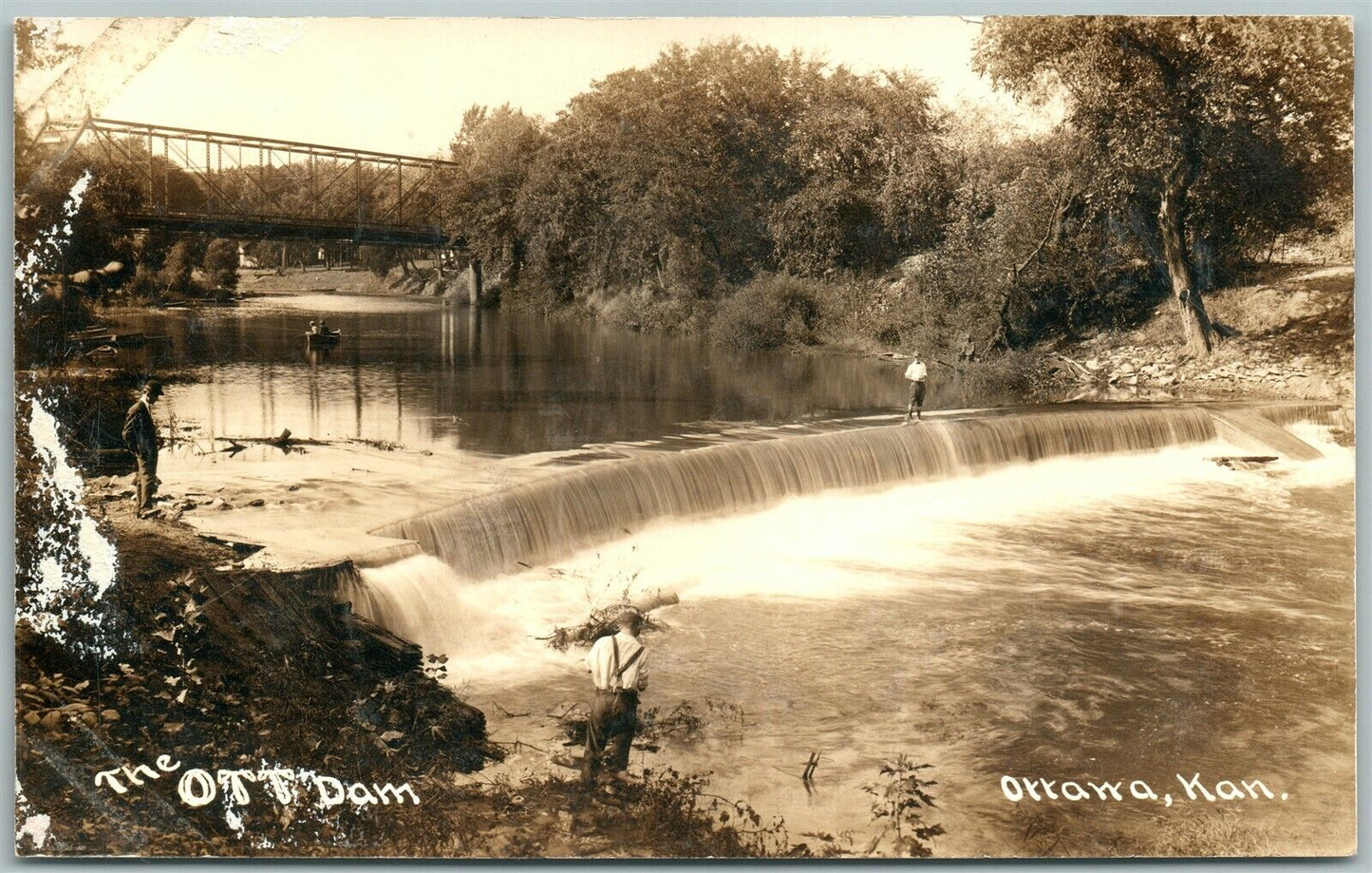 OTTAWA KS MAN ON OTT DAM ANTIQUE REAL PHOTO POSTCARD RPPC