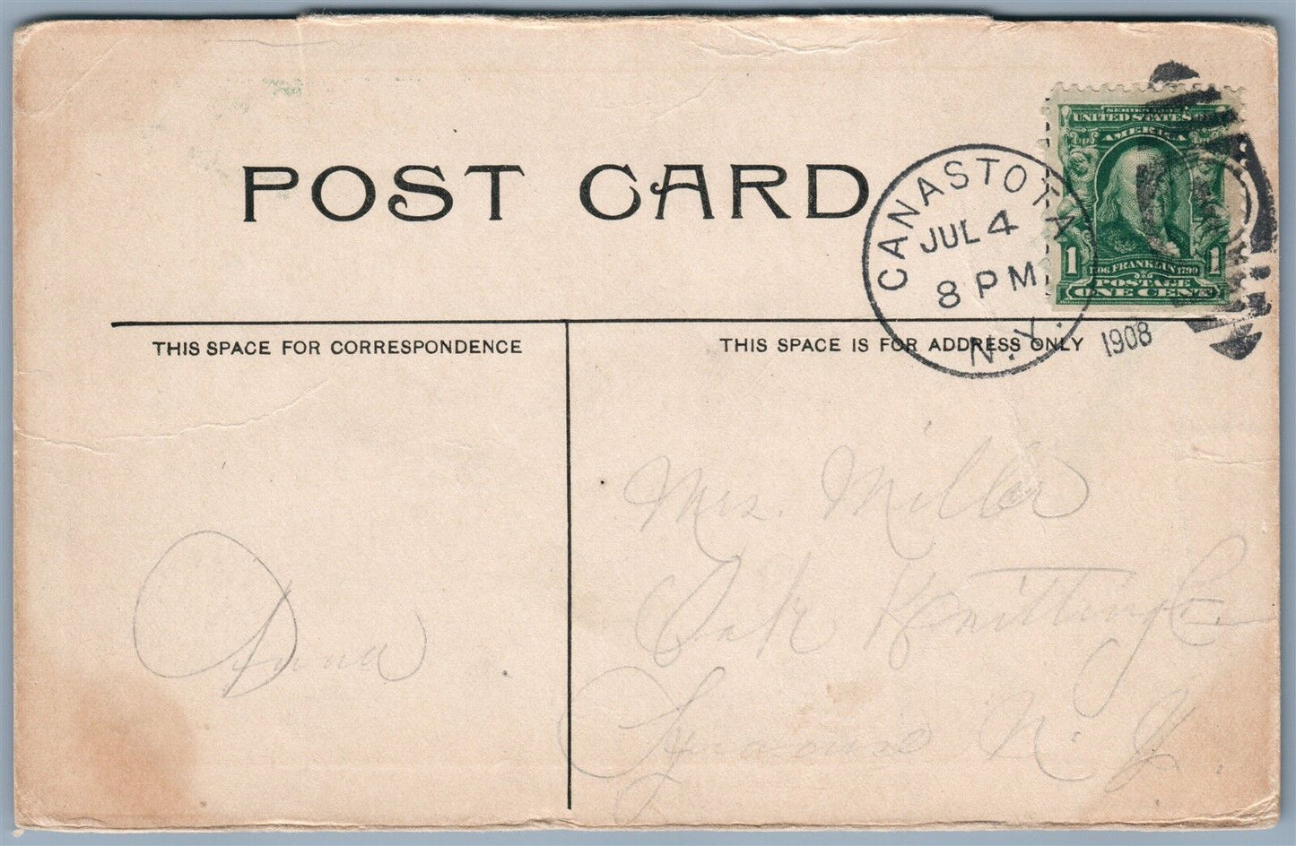 CANASTOTA NY THE TERRACE 1908 ANTIQUE POSTCARD w/ CORK CANCEL