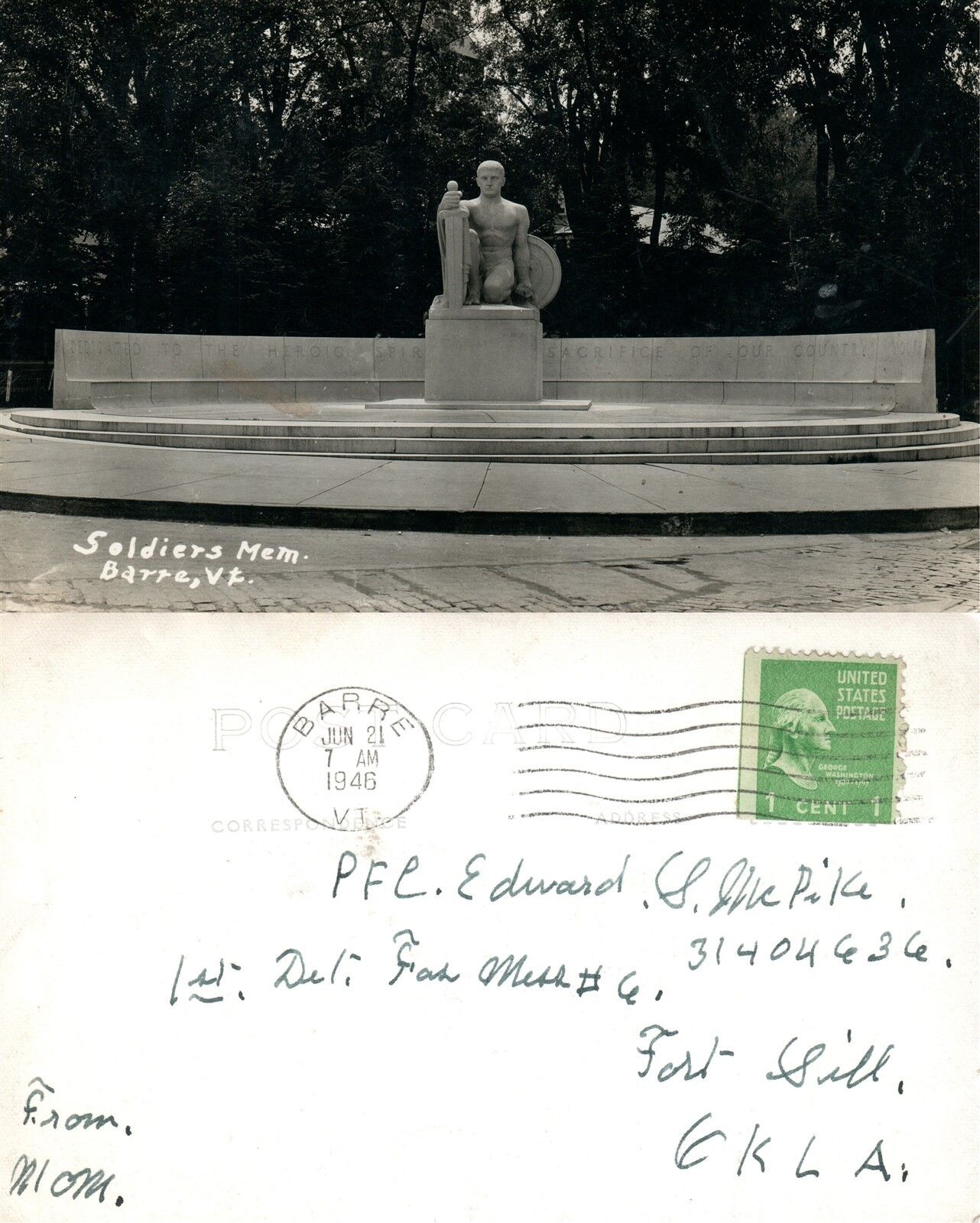 BARRE VT SOLDIERS MEMORIAL 1946 VINTAGE REAL PHOTO POSTCARD RPPC