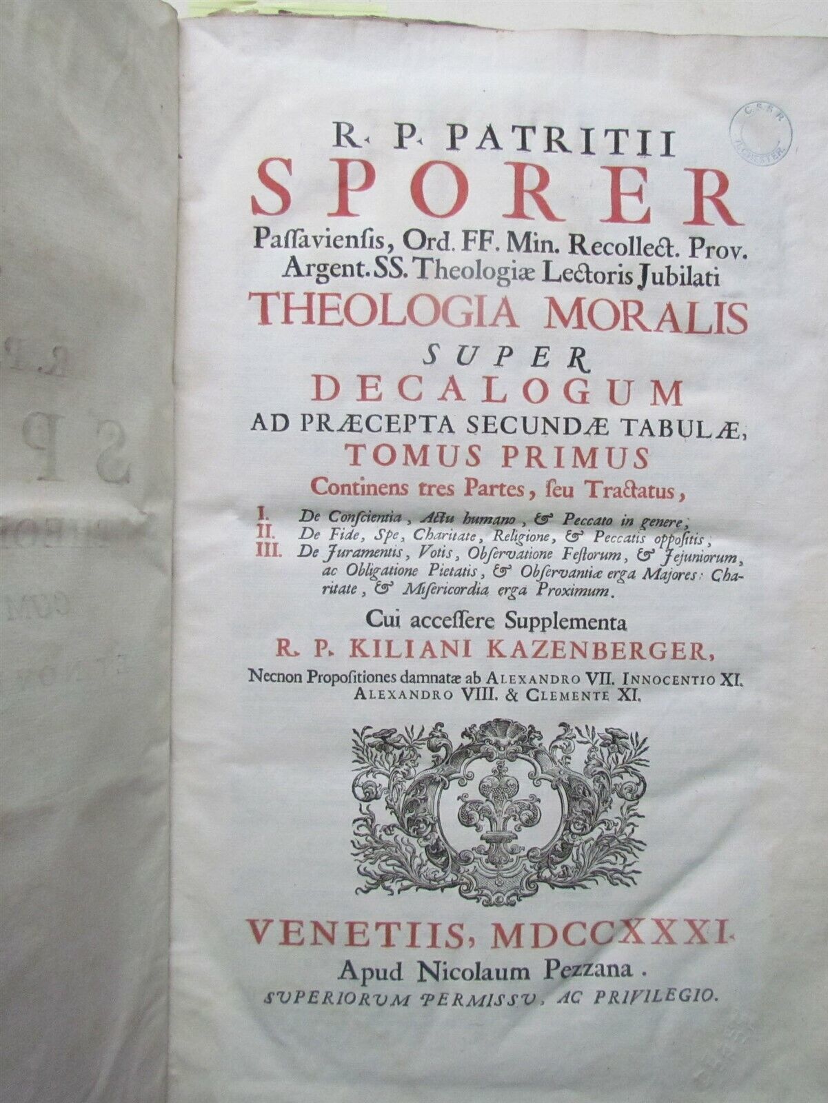 1731 VELLUM BINDING FOLIO PATRITII SPORER THELOLOGIA ANTIQUE