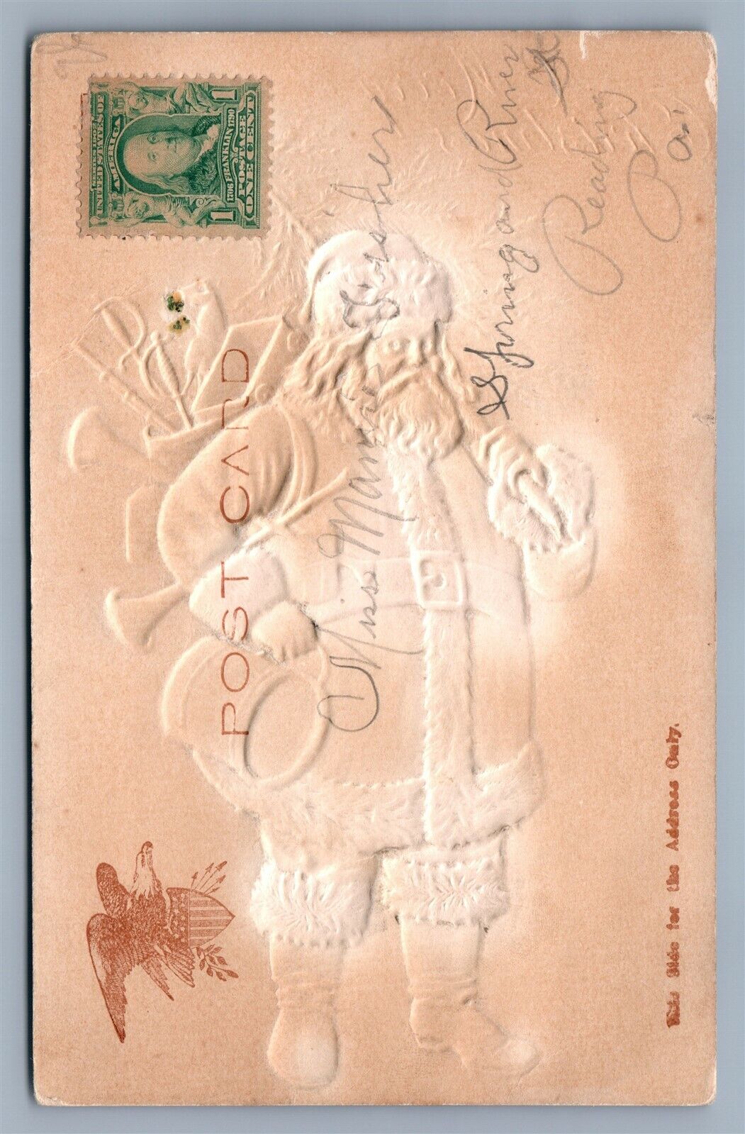 SANTA w/ CHRISTMAS TREE w/ TOYS EMBOSSED ANTIQUE POSTCARD