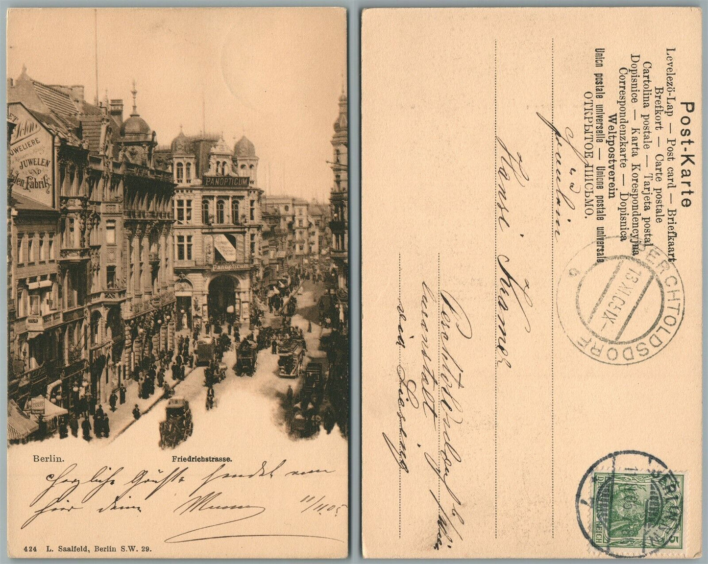 BERLIN GERMANY FRIEDRICHSTRASSE ANTIQUE POSTCARD w/ STAMP