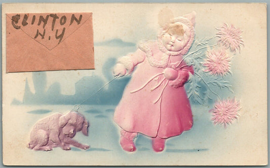 CLINTON NY GIRL w/ DOG ANTIQUE POSTCARD