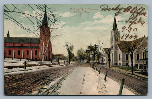 SHELTON CT ME & RC CHURCHES ANTIQUE POSTCARD