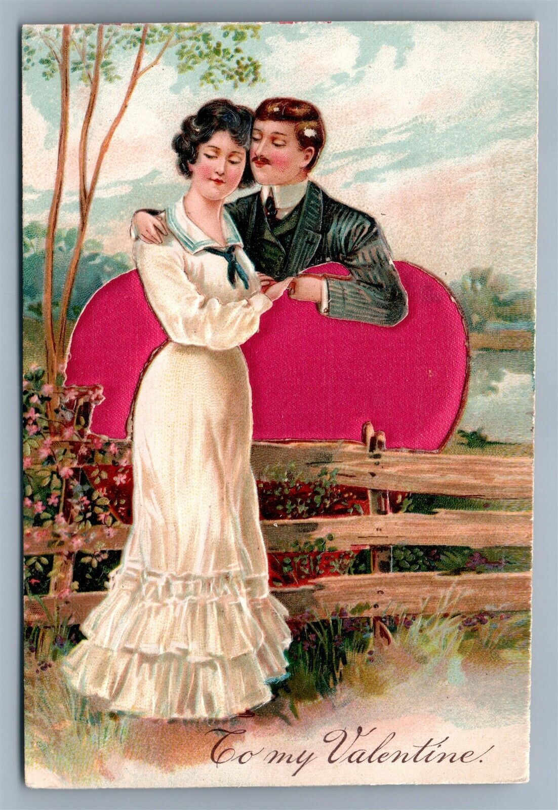 TO MY VALENTINE ANTIQUE POSTCARD COUPLE w/ SILK HEART serie 6857