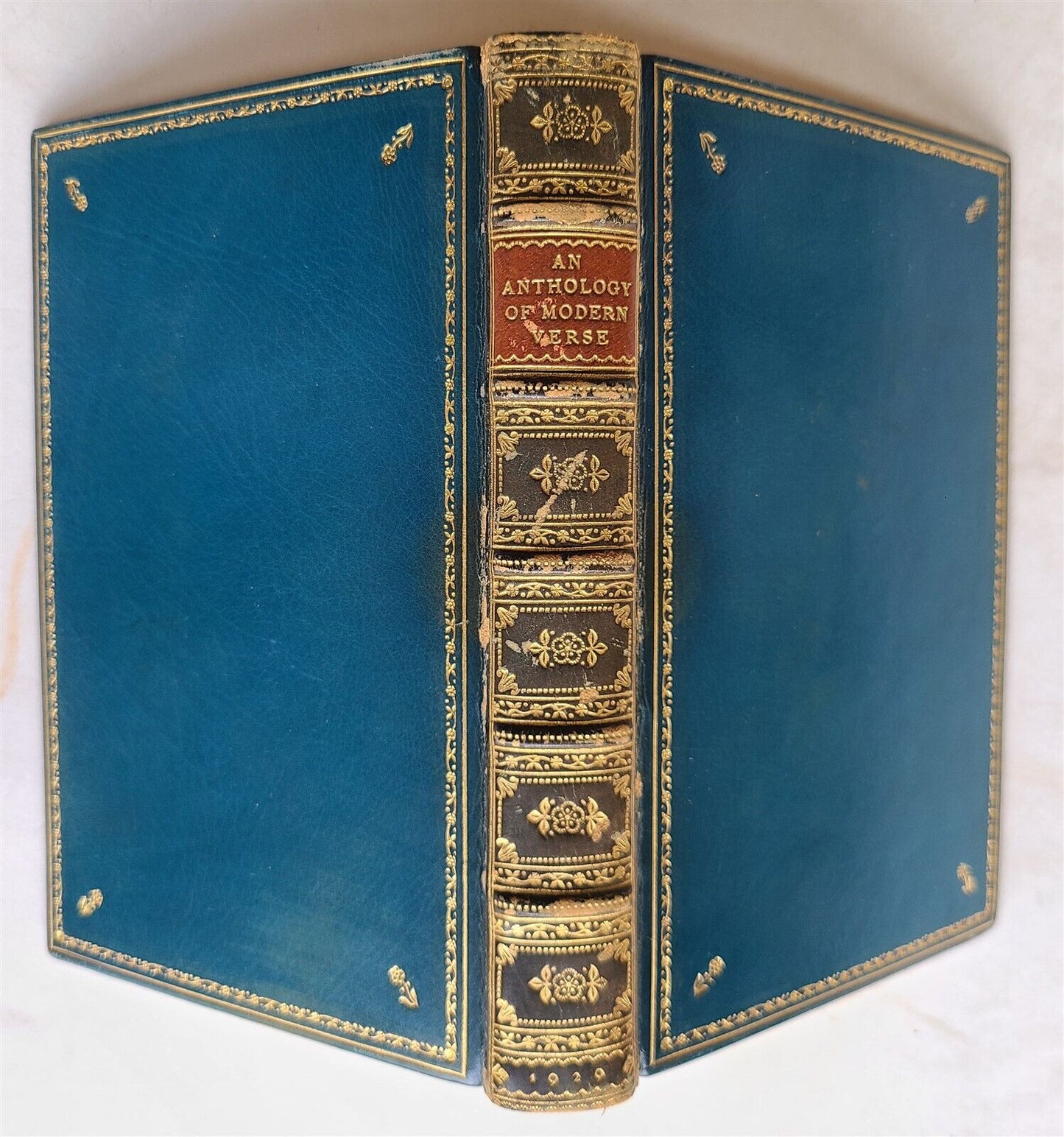 1928 AN ANTHOLOGY of MODERN VERSE antique SIGNED DECORATIVE MOROCCO BINDING