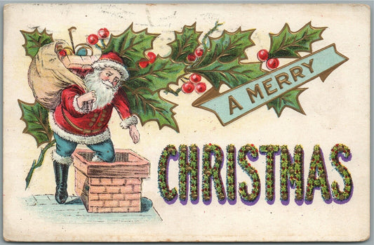 SANTA 1909 MERRY CHRISTMAS EMBOSSED ANTIQUE POSTCARD