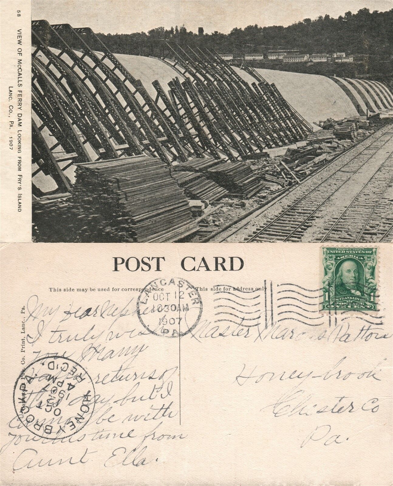 LANCASTER CO. PA McCALLS FERRY DAM ANTIQUE 1907 POSTCARD