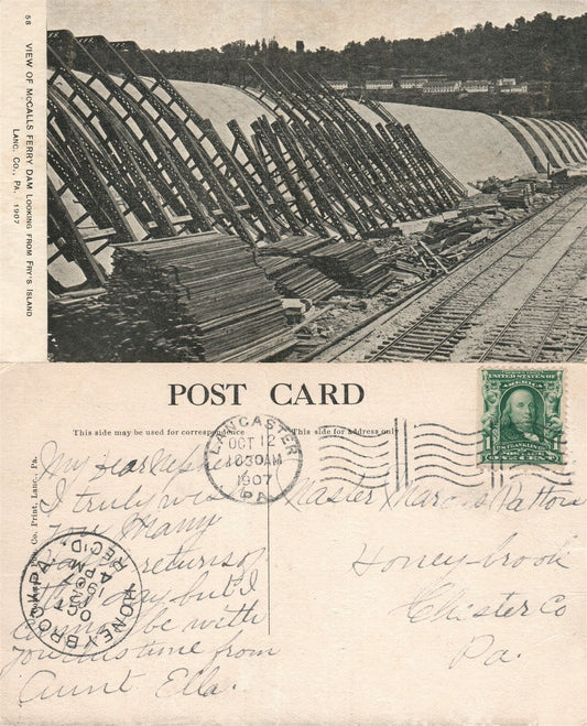 LANCASTER CO. PA McCALLS FERRY DAM ANTIQUE 1907 POSTCARD