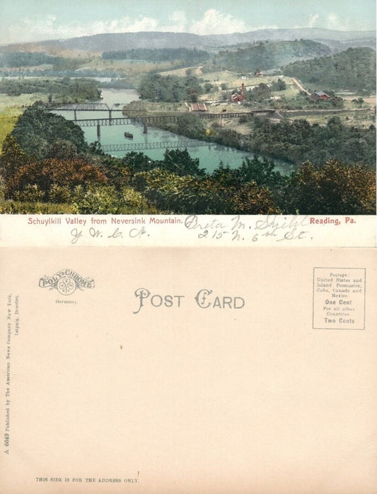 READING PA SCHUYLKILL VALLEY FROM NEVERSINK MOUNTAIN UNDIVIDED ANTIQUE POSTCARD