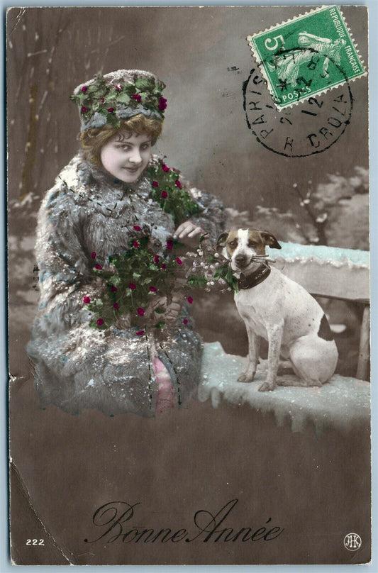 LADY w/ DOG WINTER SCENE ANTIQUE REAL PHOTO POSTCARD RPPC