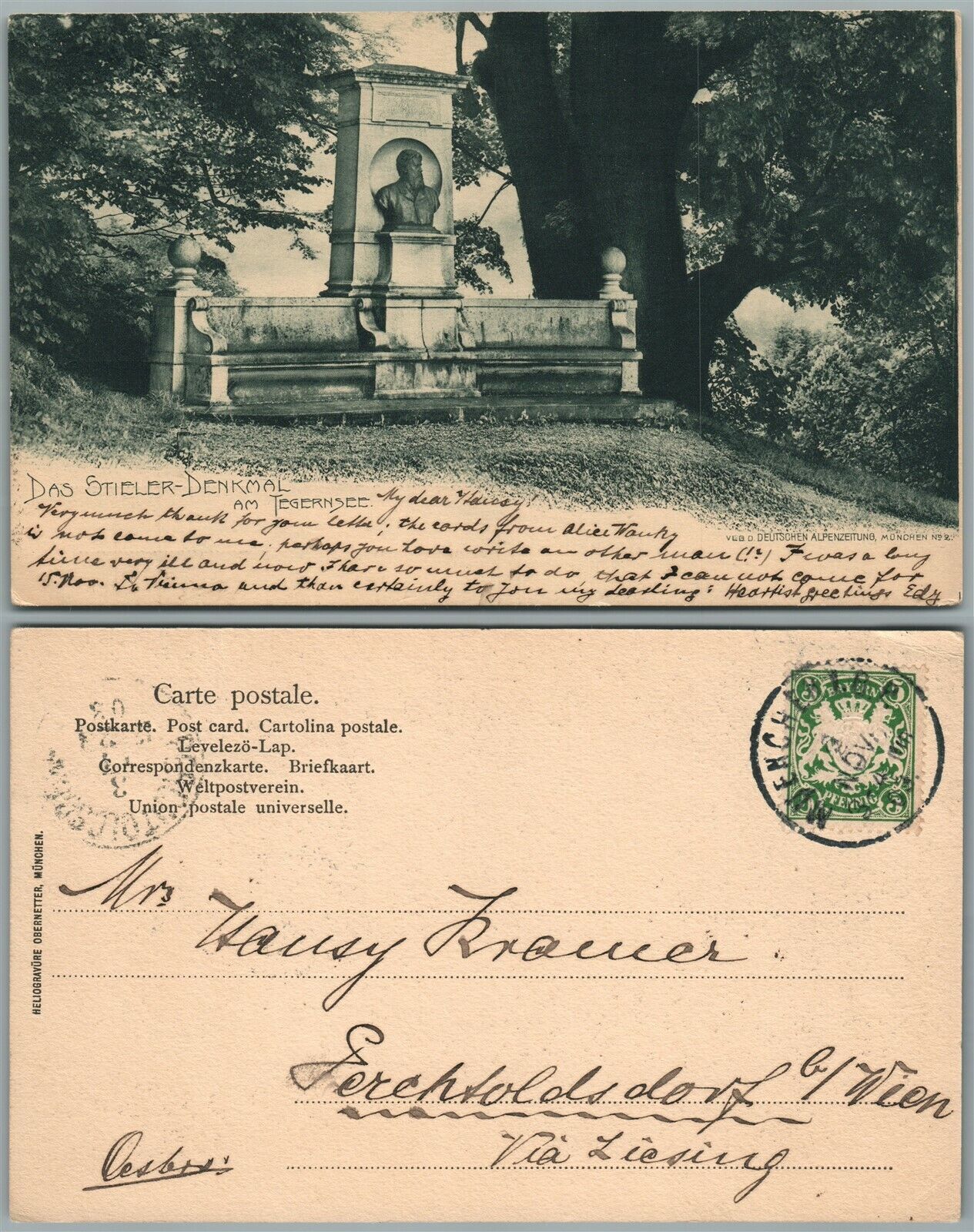 DAS STIELER MONUMENT TEGERNSEE GERMANY ANTIQUE POSTCARD w/ stamp