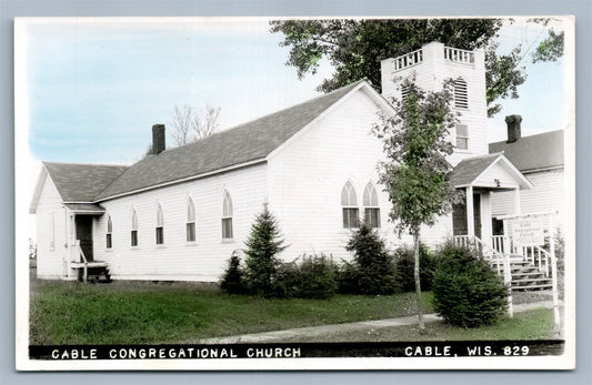 CABLE WI CONGREGATIONAL CHURCH VINTAGE HAND COLORED REAL PHOTO POSTCARD RPPC