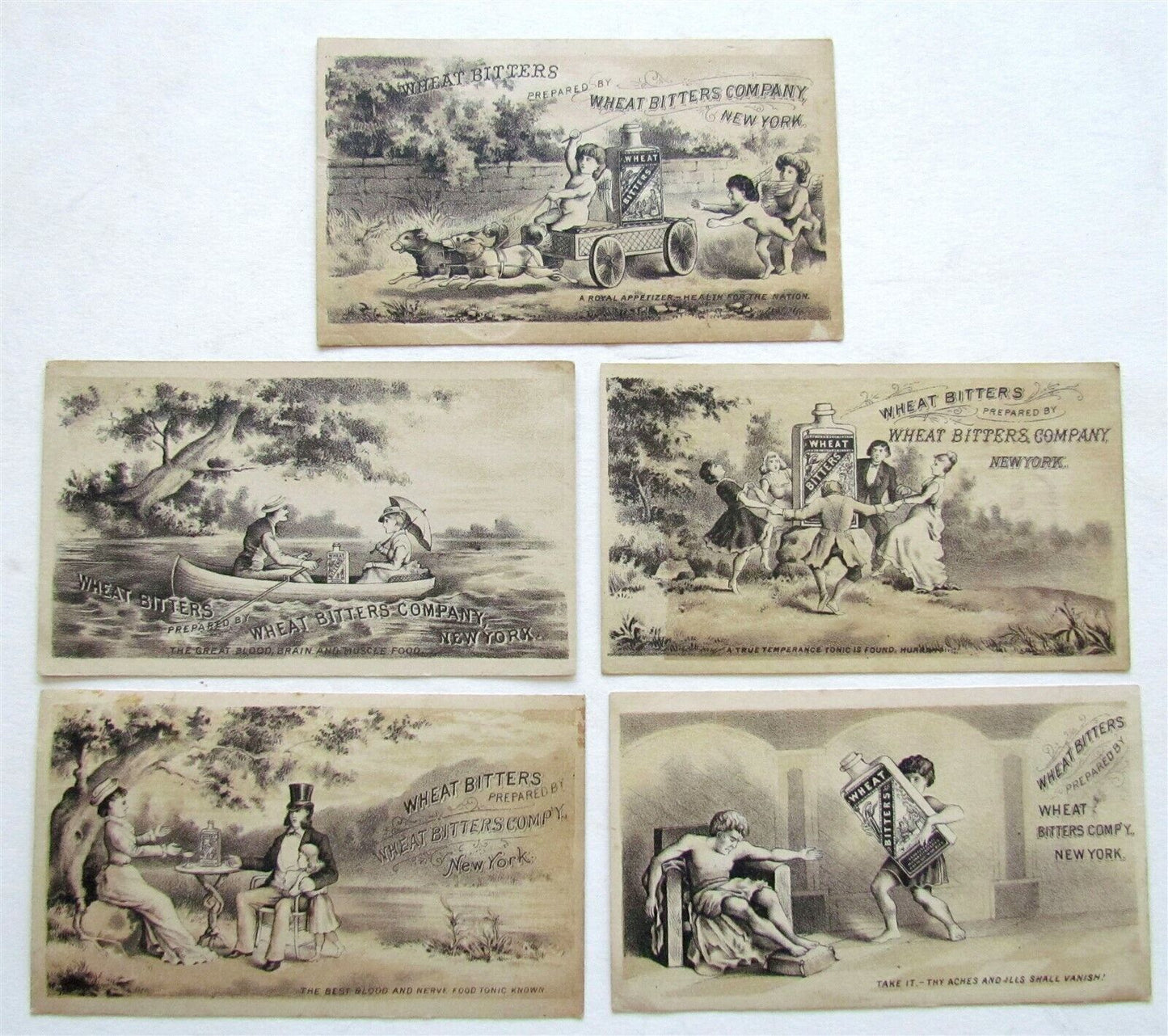 WHEAT BITTERS COMPANY NEW YORK 5 ANTIQUE VICTORIAN TRADE CARDS ADVERTISING