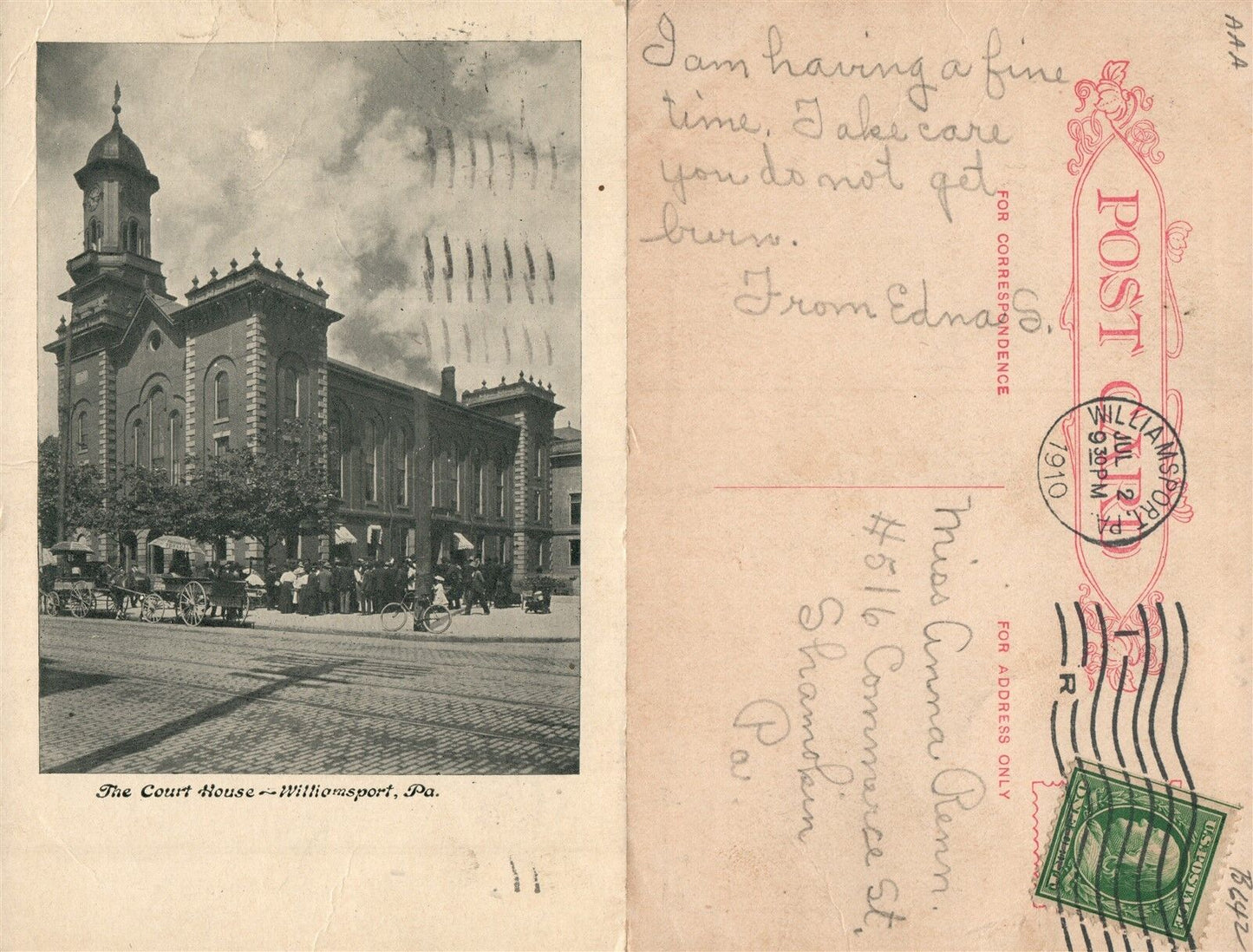 WILLIAMSPORT PA COURT HOUSE 1910 ANTIQUE POSTCARD