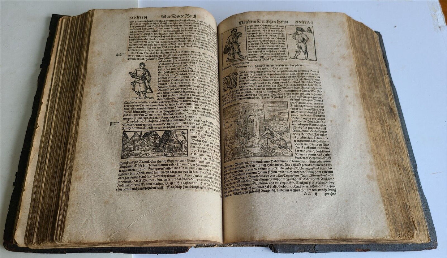 1598 COSMOGRAPHY by Sebastian Munster antique ILLUSTRATED original binding RARE