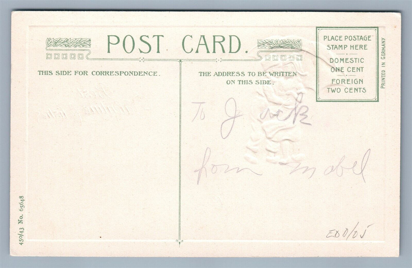 VALENTINE WISHES 1914 EMBOSSED ANTIQUE POSTCARD by JOHN WINSCH series 65648