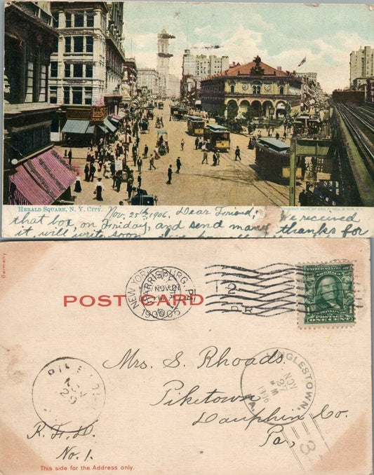 ANTIQUE 1906 POSTCARD HERALD SQUARE N.Y. CITY trolley railroad