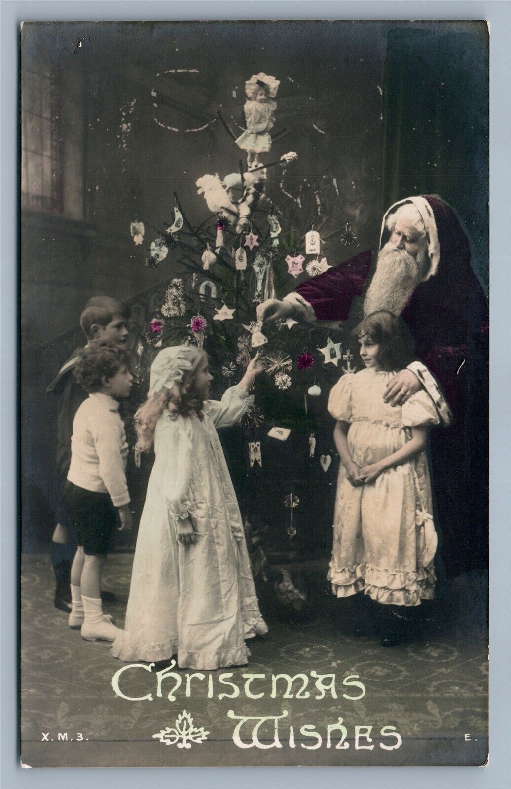 KIDS w/ CHRISTMAS TREE & SANTA ANTIQUE REAL PHOTO POSTCARD RPPC