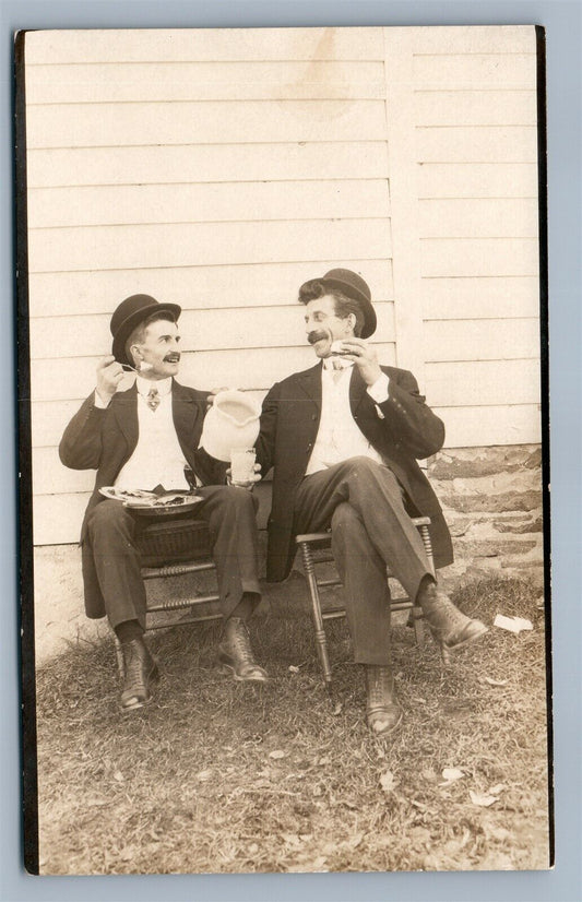 SMILING MEN LUNCH ANTIQUE REAL PHOTO POSTCARD RPPC