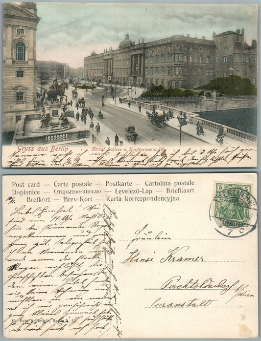 BERLIN KONIGL. SCHLOSS u. KURFURSTENBRUCKE 1900 GERMAN ANTIQUE POSTCARD w/STAMP