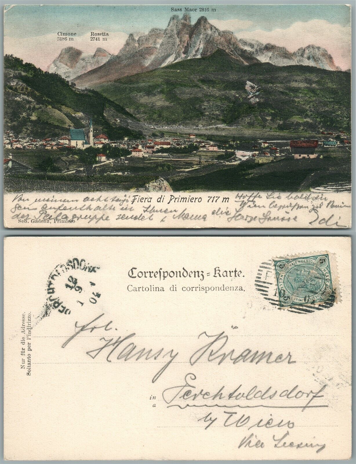 FIERA DI PRIMIERO TRENTINO ITALY ANTIQUE 1904 POSTCARD w/ AUSTRIAN STAMP