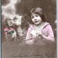 GIRL w/ DOG ANTIQUE REAL PHOTO POSTCARD RPPC