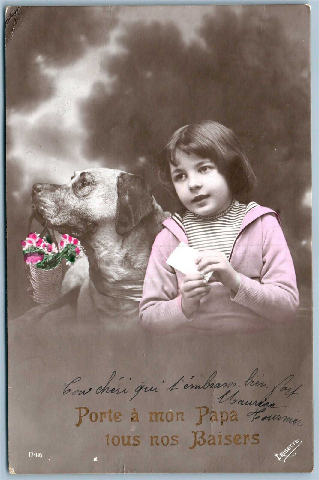 GIRL w/ DOG ANTIQUE REAL PHOTO POSTCARD RPPC