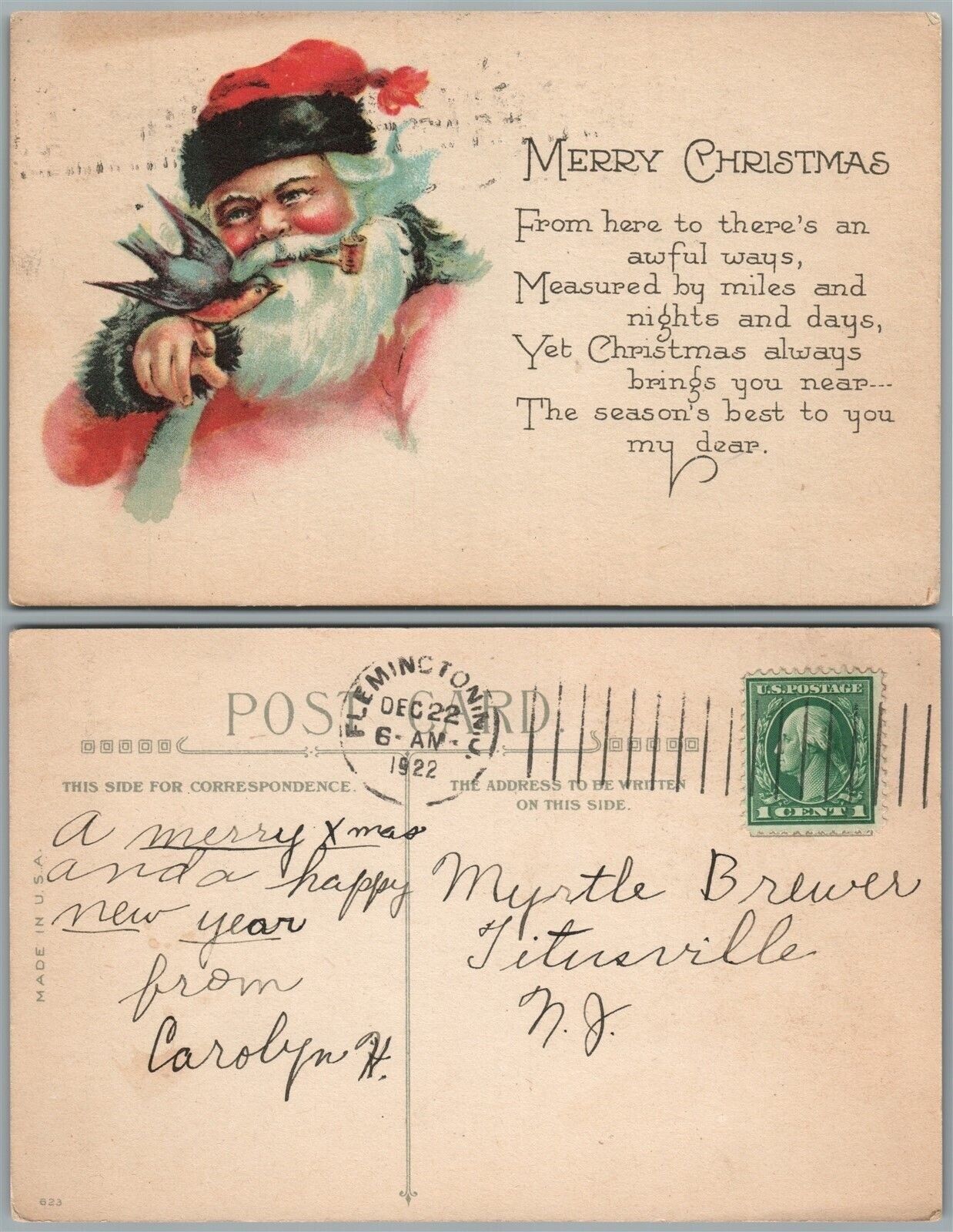 MERRY CHRISTMAS SANTA ANTIQUE 1922 POSTCARD FLEMINGTON N.J. CANCEL