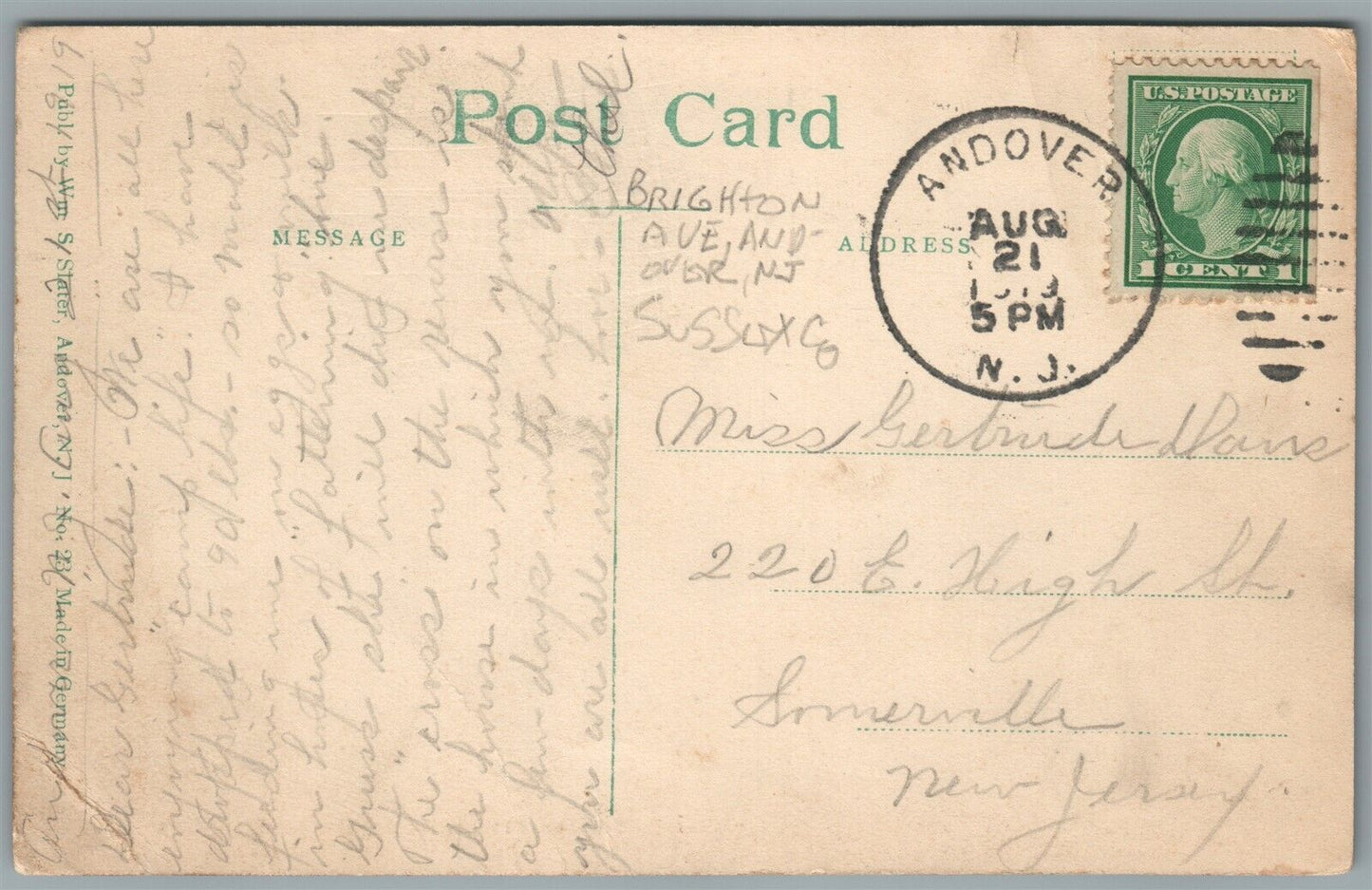 ANDOVER NJ BRIGHTON AVENUE ANTIQUE POSTCARD