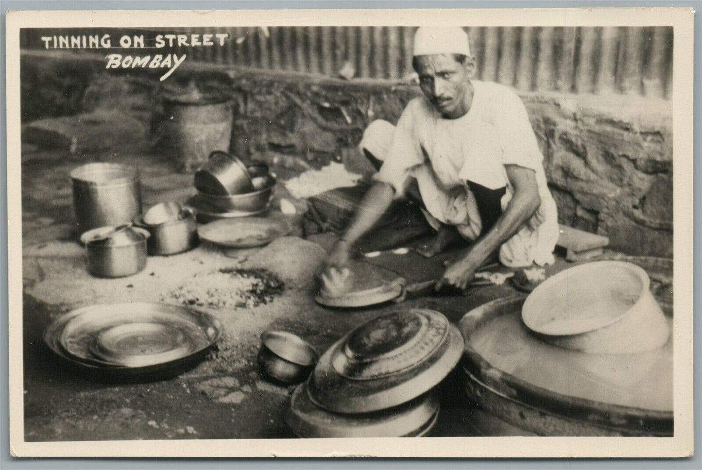 INDIA BOMBAY TINNING ON STREET VINTAGE REAL PHOTO POSTCARD RPPC