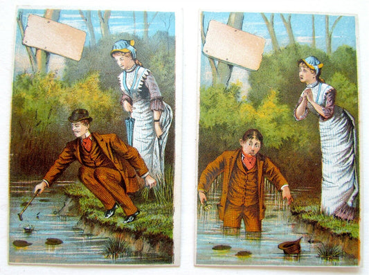 ROMANTIC FISHING 2 ANTIQUE VICTORIAN TRADE CARDS