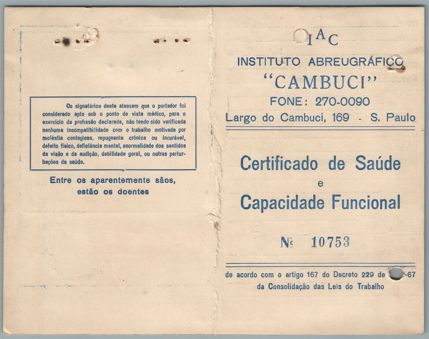 BRAZIL INSTITUTO ABREUGRAFICO CAMBUCI VINTAGE CERTIFICATE w/ STAMP