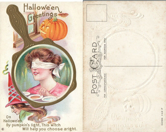 ANTIQUE EMBOSSED HALLOWEEN POSTCARD w/ JACK-O-LANTERN & WITCH