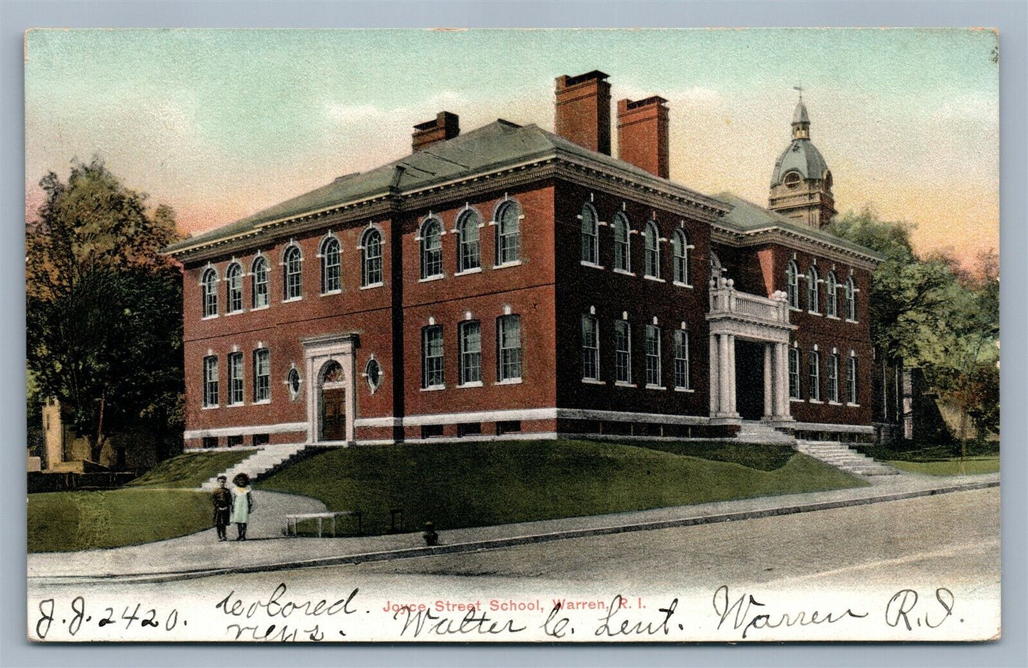 WARREN RI JOYCE STREET SCHOOL 1907 UNDIVIDED ANTIQUE POSTCARD w/ CORK CANCEL