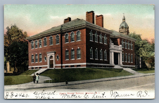 WARREN RI JOYCE STREET SCHOOL 1907 UNDIVIDED ANTIQUE POSTCARD w/ CORK CANCEL