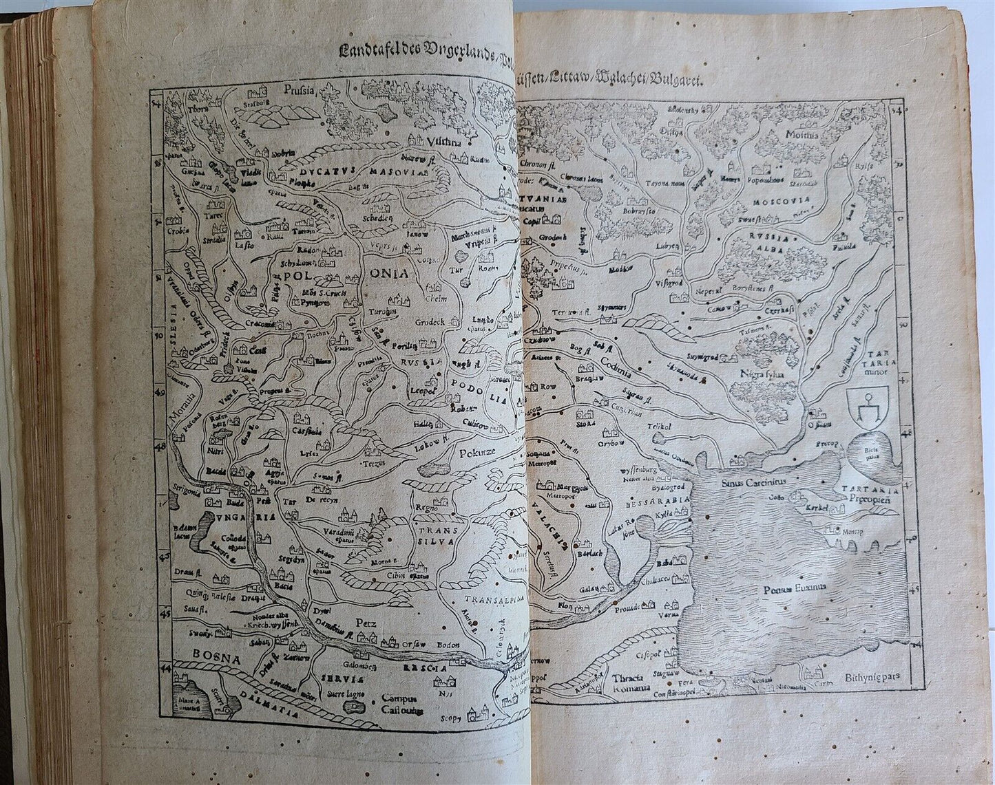 1578 COSMOGRAPHY by Sebastian Munster antique RARE ILLUSTRATED w/ MAPS PIGSKIN