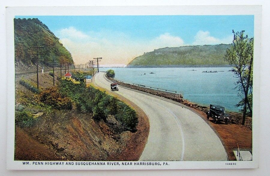VINTAGE POSTCARD WM. PENN HIGHWAY & SUSQUEHANNA RIVER NEAR HARRISBURG PA CARS