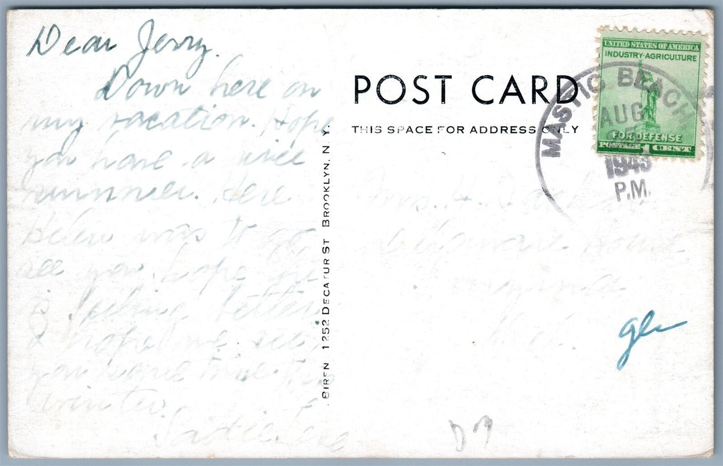 MASTIC BEACH LONG ISLAND NY ST. ANDREW'S COMMUNITY CHURCH 1943 VINTAGE POSTCARD