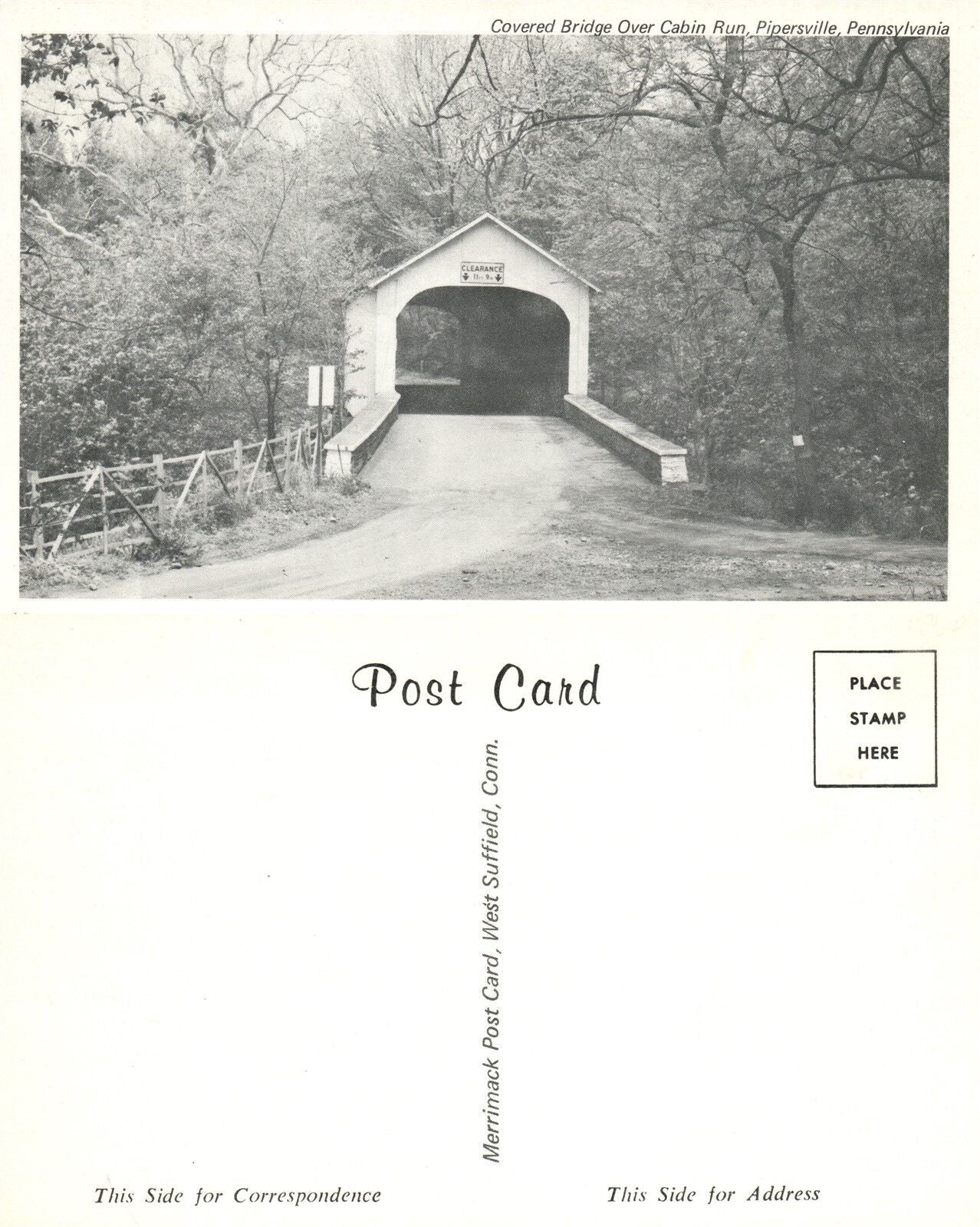 PIPERSVILLE PA COVERED BRIDGE OVER CABIN RUN VINTAGE POSTCARD