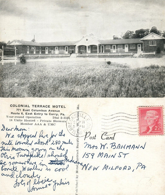 CORRY PA EAST COLONIAL TERRACE MOTEL 1956 VINTAGE POSTCARD