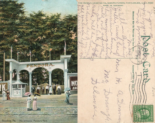 READING PA PENDORA PARK 1912 ANTIQUE POSTCARD