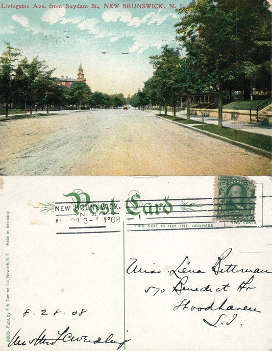 NEW BRUNSWICK N.J. LIVINGSTON AVENUE 1908 VINTAGE POSTCARD