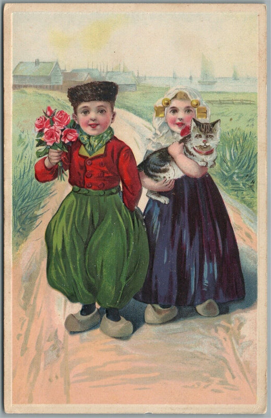 DUTCH KIDS w/ CAT ANTIQUE POSTCARD